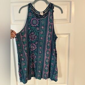 Anthropologie- Sleeveless Floral Stripe Tank Top in Teal and Purple